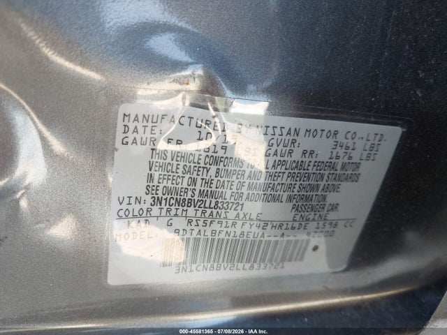 Aukcja sprzedaży 2020 Nissan Versa S 5-speed Manual Transmission, vin: 3N1CN8BV2LL833721, numer aukcji: 45581365
