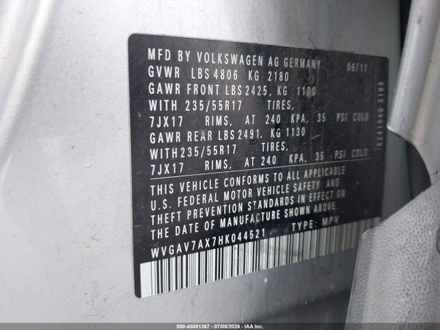 Продаж на аукціоні авто 2017 Volkswagen Tiguan 2.0t/2.0t S, vin: WVGAV7AX7HK044521, номер лоту: 45581367