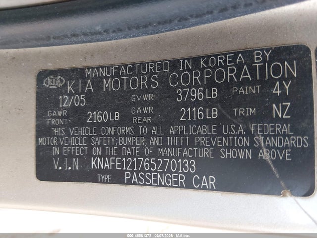 Aukcja sprzedaży 2006 Kia Spectra Ex/lx/sx, vin: KNAFE121765270133, numer aukcji: 45581372