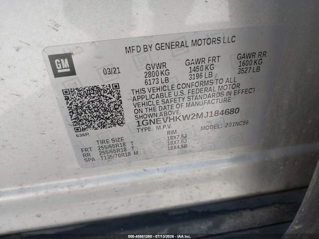Продажа на аукционе авто 2021 Chevrolet Traverse Awd Lt Leather, vin: 1GNEVHKW2MJ184680, номер лота: 45581380
