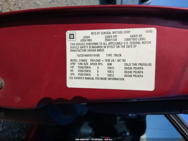 45581401 :رقم المزاد ، 1GCCS1449T8119195 vin ، 1996 Chevrolet S Truck S10 مزاد بيع