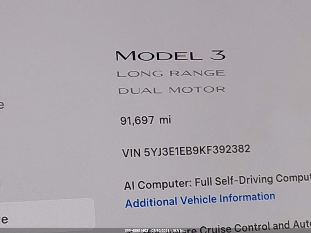 Aukcja sprzedaży 2019 Tesla Model 3 Long Range/performance, vin: 5YJ3E1EB9KF392382, numer aukcji: 45581403