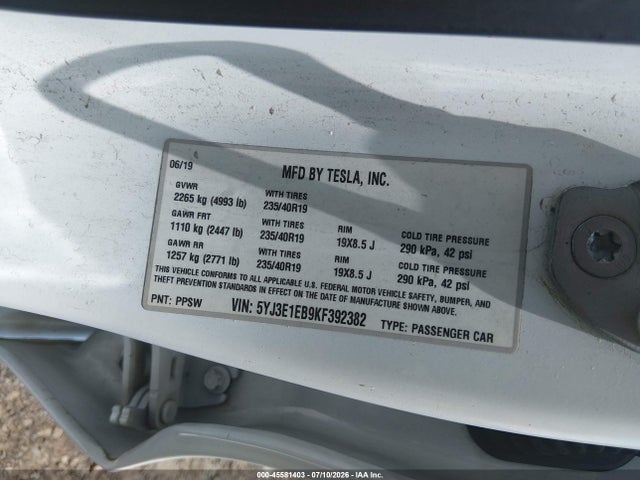 Aukcja sprzedaży 2019 Tesla Model 3 Long Range/performance, vin: 5YJ3E1EB9KF392382, numer aukcji: 45581403