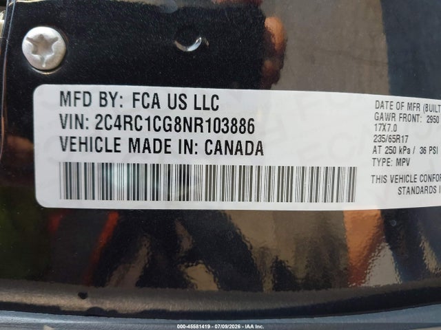 45581419 :رقم المزاد ، 2C4RC1CG8NR103886 vin ، 2022 Chrysler Voyager Lx مزاد بيع