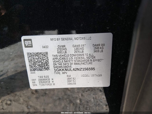 Aukcja sprzedaży 2022 Gmc Acadia Awd Slt, vin: 1GKKNUL42NZ156595, numer aukcji: 45581423