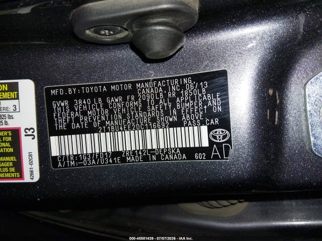 2013 Toyota Corolla S მანქანა იყიდება აუქციონზე, vin: 2T1BU4EE2DC116692, აუქციონის ნომერი: 45581439