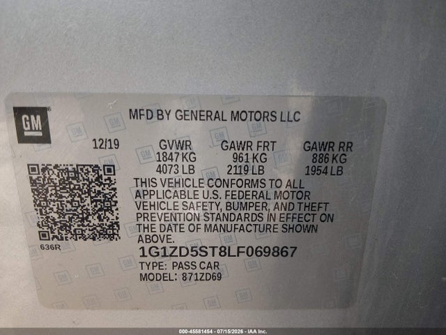 45581454 :رقم المزاد ، 1G1ZD5ST8LF069867 vin ، 2020 Chevrolet Malibu Fwd Lt مزاد بيع