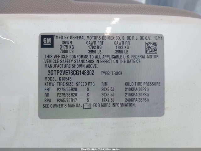 Aukcja sprzedaży 2012 Gmc Sierra 1500 Sle, vin: 3GTP2VE73CG148302, numer aukcji: 45581466