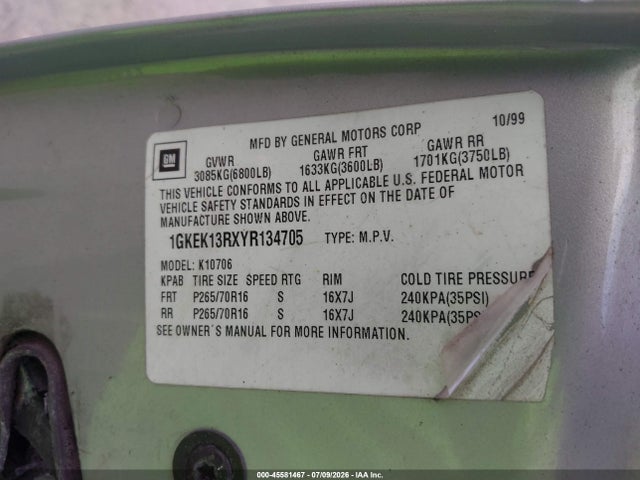 Продаж на аукціоні авто 2000 Gmc Yukon Denali, vin: 1GKEK13RXYR134705, номер лоту: 45581467
