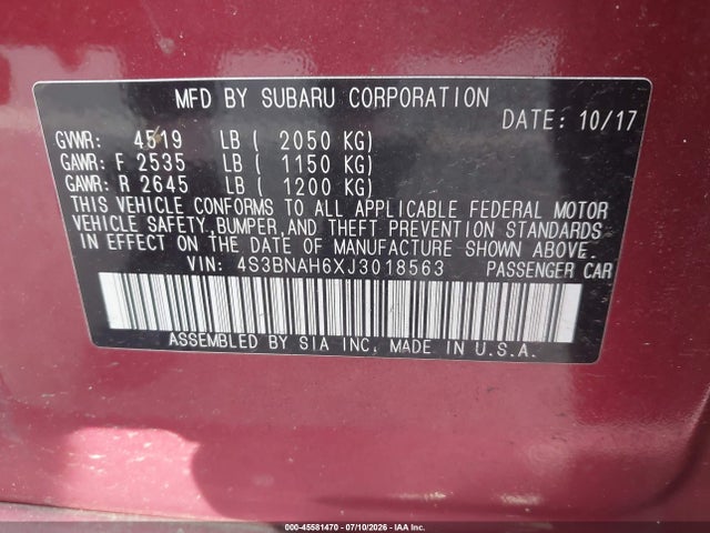 Продажа на аукционе авто 2018 Subaru Legacy 2.5i Premium, vin: 4S3BNAH6XJ3018563, номер лота: 45581470