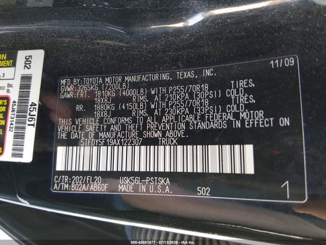 45581477 :رقم المزاد ، 5TFDY5F19AX122307 vin ، 2010 Toyota Tundra Grade 5.7l V8 مزاد بيع