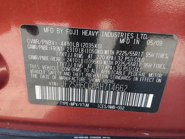 Продаж на аукціоні авто 2010 Subaru Forester 2.5x Premium, vin: JF2SH6CC0AH714662, номер лоту: 45581486