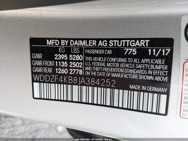 45581493 :رقم المزاد ، WDDZF4KB8JA384252 vin ، 2018 Mercedes-benz E 300 4matic مزاد بيع