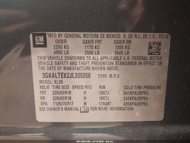 Aukcja sprzedaży 2018 Gmc Terrain Sle, vin: 3GKALTEX2JL300358, numer aukcji: 45581495