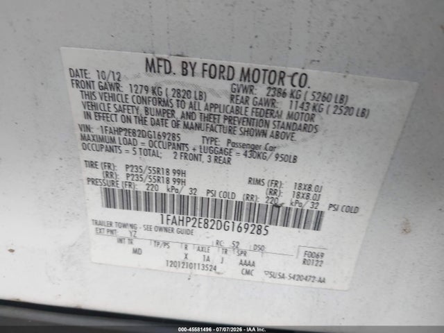 Aukcja sprzedaży 2013 Ford Taurus Sel, vin: 1FAHP2E82DG169285, numer aukcji: 45581496