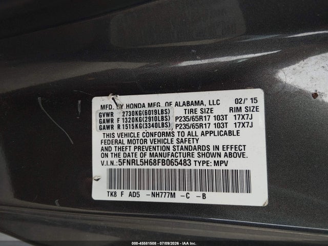 2015 Honda Odyssey Ex-l მანქანა იყიდება აუქციონზე, vin: 5FNRL5H68FB065483, აუქციონის ნომერი: 45581508
