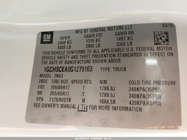 1GCHSCEA0G1279163 Chevrolet Colorado 2wd Lt