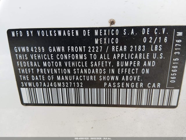 2016 Volkswagen Jetta 1.8t Sel მანქანა იყიდება აუქციონზე, vin: 3VWL07AJ4GM327132, აუქციონის ნომერი: 45581525