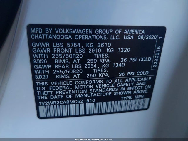 1V2WR2CA8MC521910 Volkswagen Atlas 3.6l V6 Se W/technology