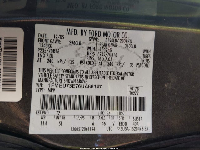 Aukcja sprzedaży 2006 Ford Explorer Xlt, vin: 1FMEU73E76UA66147, numer aukcji: 45581532