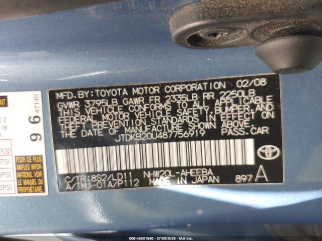 Продажа на аукционе авто 2008 Toyota Prius Touring, vin: JTDKB20U487756919, номер лота: 45581540