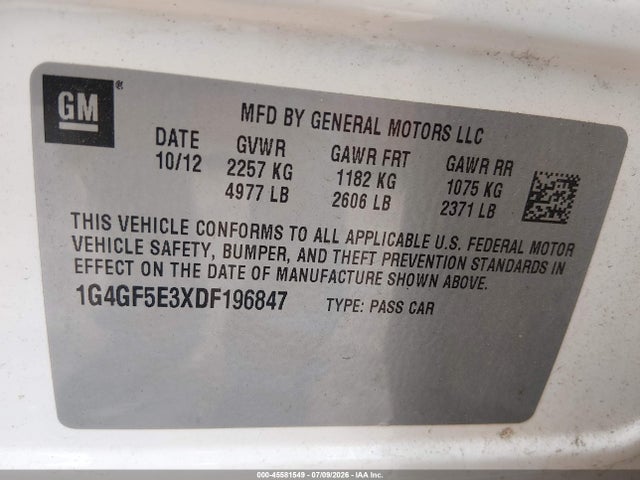 2013 Buick Lacrosse Premium 1 Group მანქანა იყიდება აუქციონზე, vin: 1G4GF5E3XDF196847, აუქციონის ნომერი: 45581549