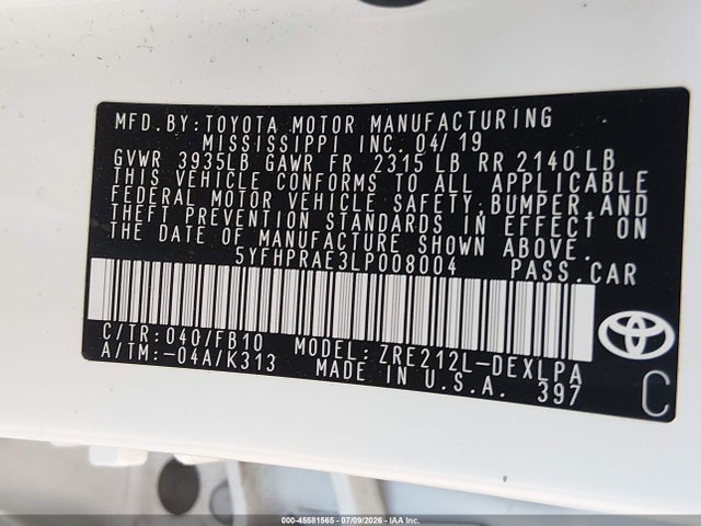 5YFHPRAE3LP008004 Toyota COROLLA LE