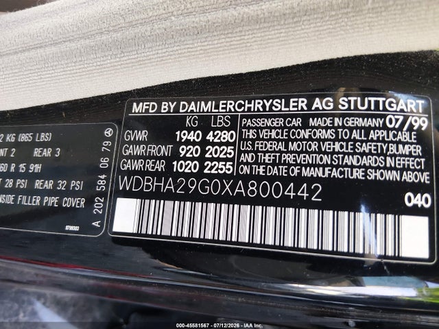 Aukcja sprzedaży 1999 Mercedes-benz C 280, vin: WDBHA29G0XA800442, numer aukcji: 45581567