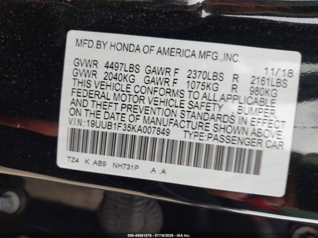 2019 Acura Tlx Standard მანქანა იყიდება აუქციონზე, vin: 19UUB1F35KA007849, აუქციონის ნომერი: 45581576