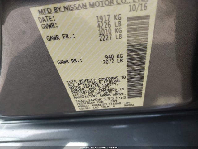 Продаж на аукціоні авто 2017 Nissan Altima 2.5 S, vin: 1N4AL3AP0HC135195, номер лоту: 45581591