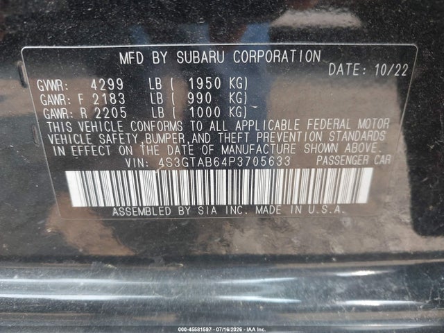 2023 Subaru Impreza Base 5-door მანქანა იყიდება აუქციონზე, vin: 4S3GTAB64P3705633, აუქციონის ნომერი: 45581597