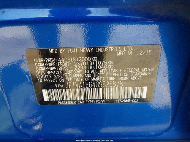 Продаж на аукціоні авто 2016 Subaru Wrx Premium, vin: JF1VA1E64G9825878, номер лоту: 45581598