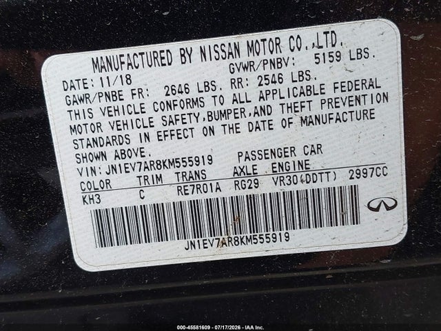 Продаж на аукціоні авто 2019 Infiniti Q50 3.0t Luxe, vin: JN1EV7AR8KM555919, номер лоту: 45581609