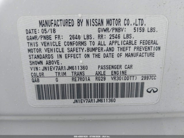 Продажа на аукционе авто 2018 Infiniti Q50 3.0t Sport, vin: JN1EV7AR1JM611360, номер лота: 45581620