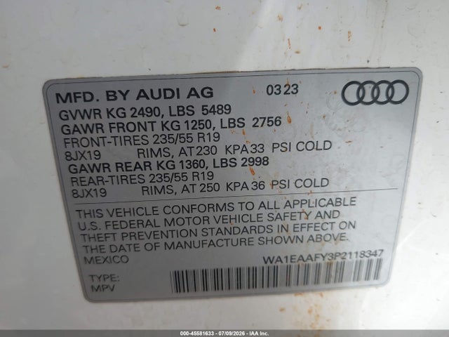 45581633 :رقم المزاد ، WA1EAAFY3P2118347 vin ، 2023 Audi Q5 Premium Plus 45 Tfsi S Line Quattro مزاد بيع