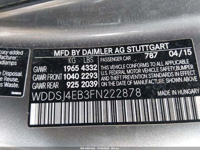 Auction sale of the 2015 Mercedes-benz Cla 250, vin: WDDSJ4EB3FN222878, lot number: 45581642