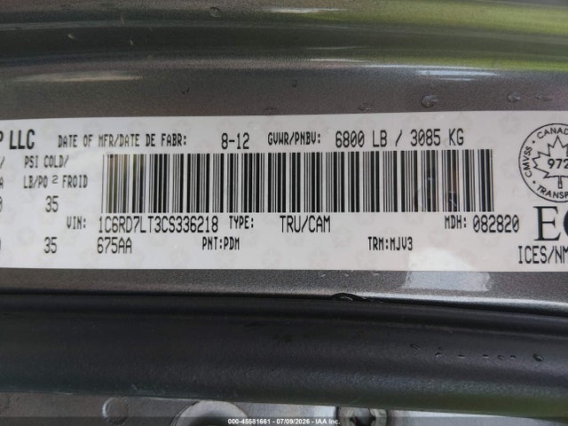 Aukcja sprzedaży 2012 Ram 1500 Big Horn, vin: 1C6RD7LT3CS336218, numer aukcji: 45581661
