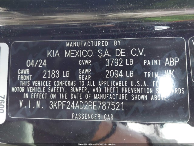 2024 Kia Forte Lx მანქანა იყიდება აუქციონზე, vin: 3KPF24AD2RE787521, აუქციონის ნომერი: 45581690