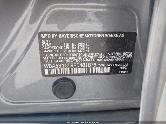 2014 Bmw 535i მანქანა იყიდება აუქციონზე, vin: WBA5B1C59ED481876, აუქციონის ნომერი: 45581693