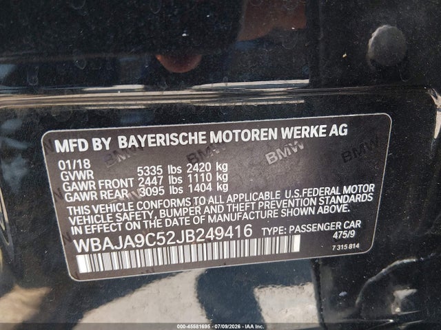 2018 Bmw 530e Iperformance მანქანა იყიდება აუქციონზე, vin: WBAJA9C52JB249416, აუქციონის ნომერი: 45581695