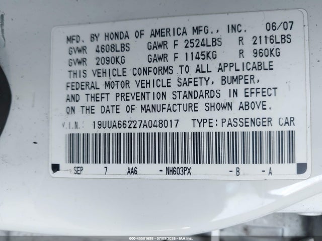 2007 Acura Tl 3.2 მანქანა იყიდება აუქციონზე, vin: 19UUA66227A048017, აუქციონის ნომერი: 45581698