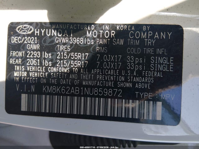 2022 Hyundai Kona Sel მანქანა იყიდება აუქციონზე, vin: KM8K62AB1NU859872, აუქციონის ნომერი: 45581716