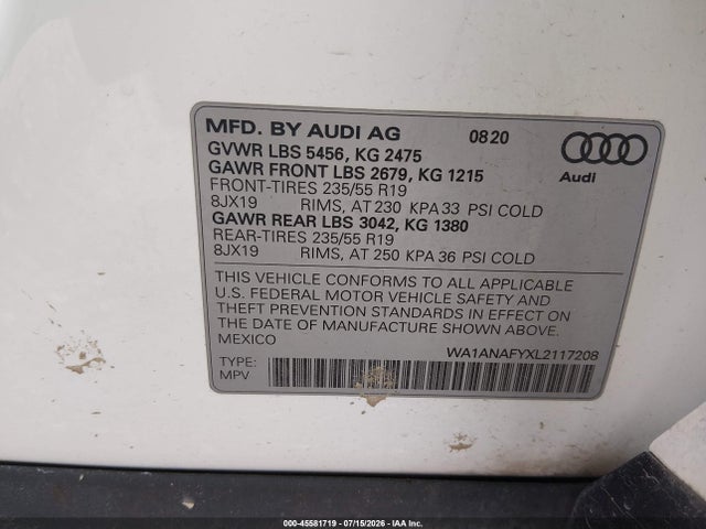 Aukcja sprzedaży 2020 Audi Q5 Premium 45 Tfsi Quattro S Tronic, vin: WA1ANAFYXL2117208, numer aukcji: 45581719