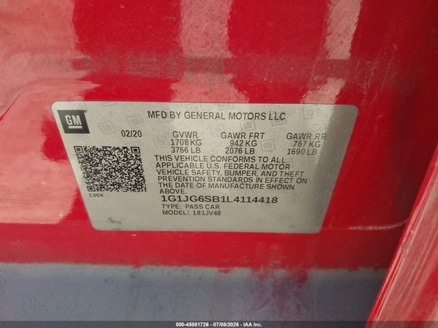 Chevrolet Sonic Fwd 1fl 5-door 2020 1G1JG6SB1L4114418 Image 9