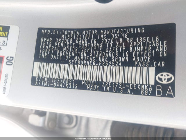 Продажа на аукционе авто 2018 Toyota Corolla Le, vin: 5YFBURHE6JP852524, номер лота: 45581738