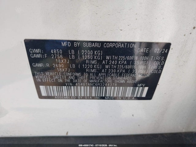 Aukcja sprzedaży 2024 Subaru Outback Limited, vin: 4S4BTANC6R3244378, numer aukcji: 45581743