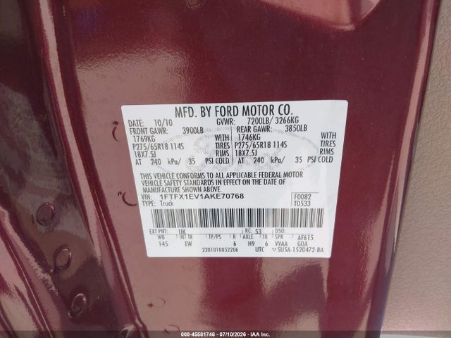 2010 Ford F-150 Fx4/lariat/xl/xlt მანქანა იყიდება აუქციონზე, vin: 1FTFX1EV1AKE70768, აუქციონის ნომერი: 45581746