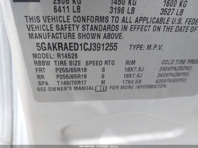 2012 Buick Enclave მანქანა იყიდება აუქციონზე, vin: 5GAKRAED1CJ391255, აუქციონის ნომერი: 45581802