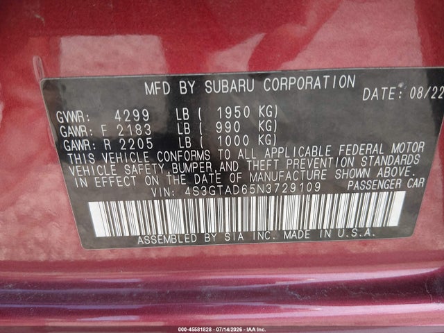 45581828 :رقم المزاد ، 4S3GTAD65N3729109 vin ، 2022 Subaru Impreza Premium 5-door مزاد بيع