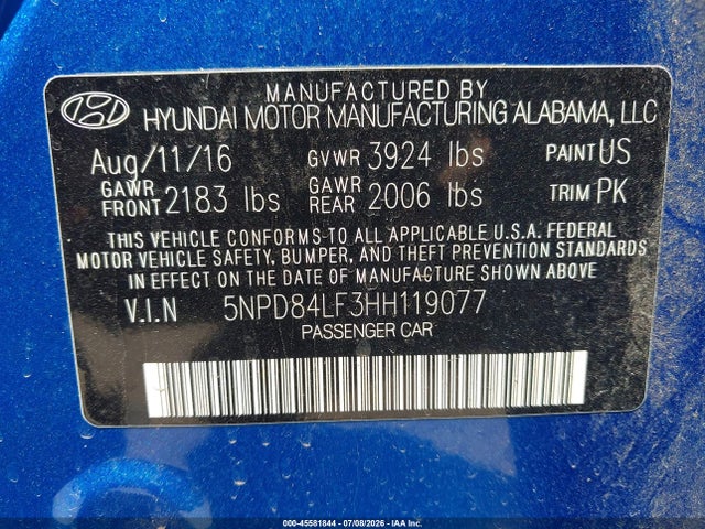 5NPD84LF3HH119077 Hyundai ELANTRA SE